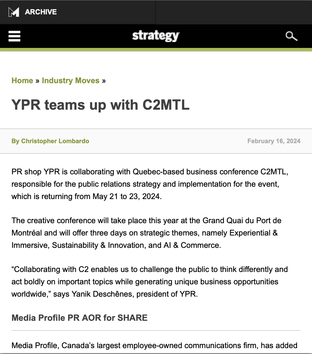 L'article de la collaboration entre C2 MTL et l'équipe de Yanik Deschênes chez YPR
